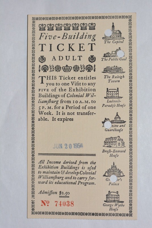 Five-Building Adult Ticket Exhibition Buildings of Colonial WIlliamsburg (1954)