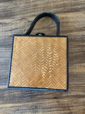 Vintage Box Basket Style Wicker Faux Leather Handbag Brown with Black Trim