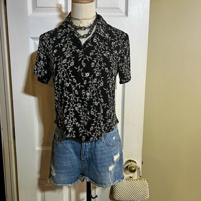 Vtg Ronni Nicole Wms Black Floral Slinky Knit Textured Slit Back Crop Top 4P