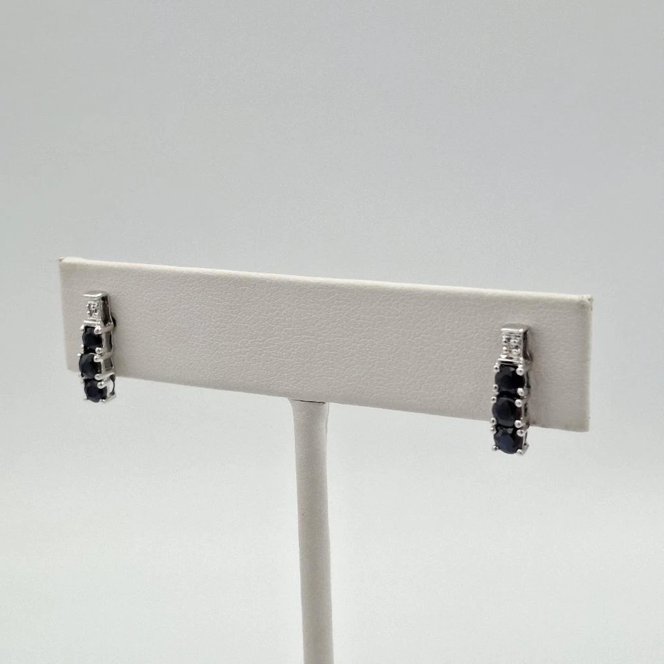 10K White Gold Round Sapphire & Diamond Accent 3-Stone Stud Drop Earrings - Image 4 of 4