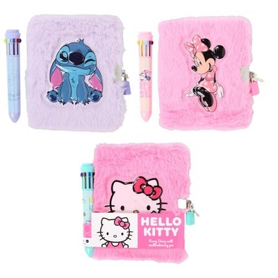 Plüsch Tagebuch Kinder 12x14cm mit Schloss & Stift   Stitch, Minnie, Hello Kitty
