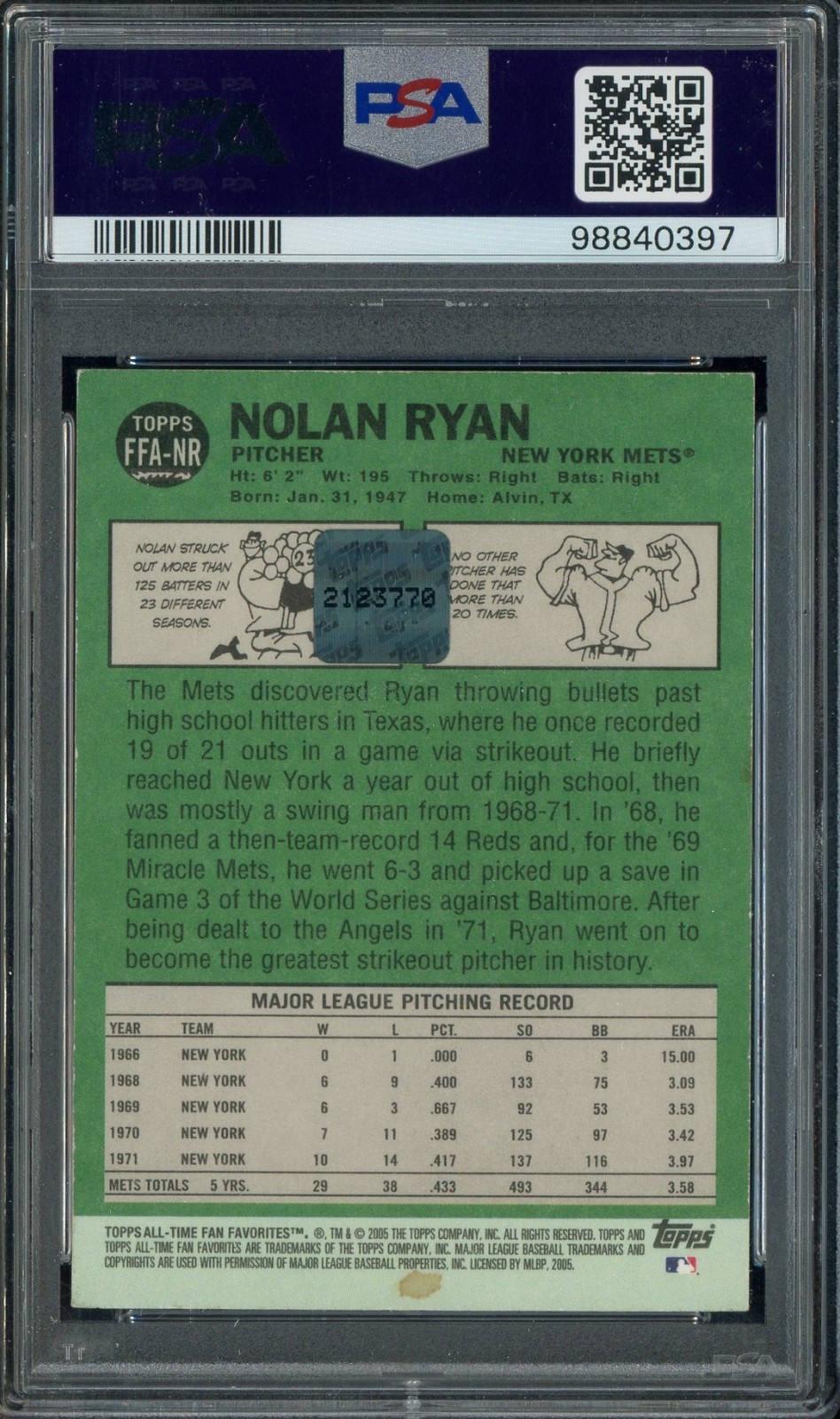2005 Topps All-Time Fan Favorites Nolan Ryan New York Mets HOF AUTO PSA 4 view 2