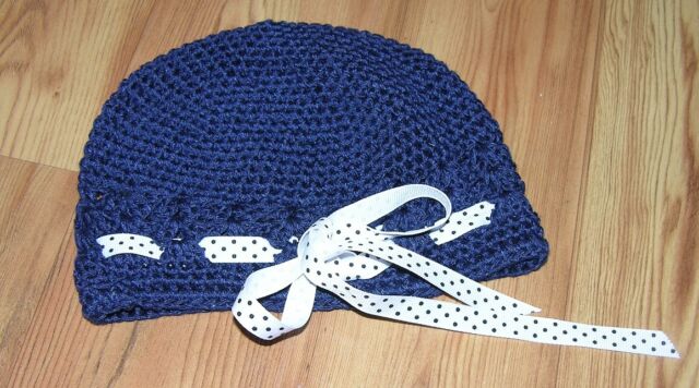 Newborn -3 Month Baby Crochet Hat Beanie Handmade Blue With Poke A Dot Ribbon