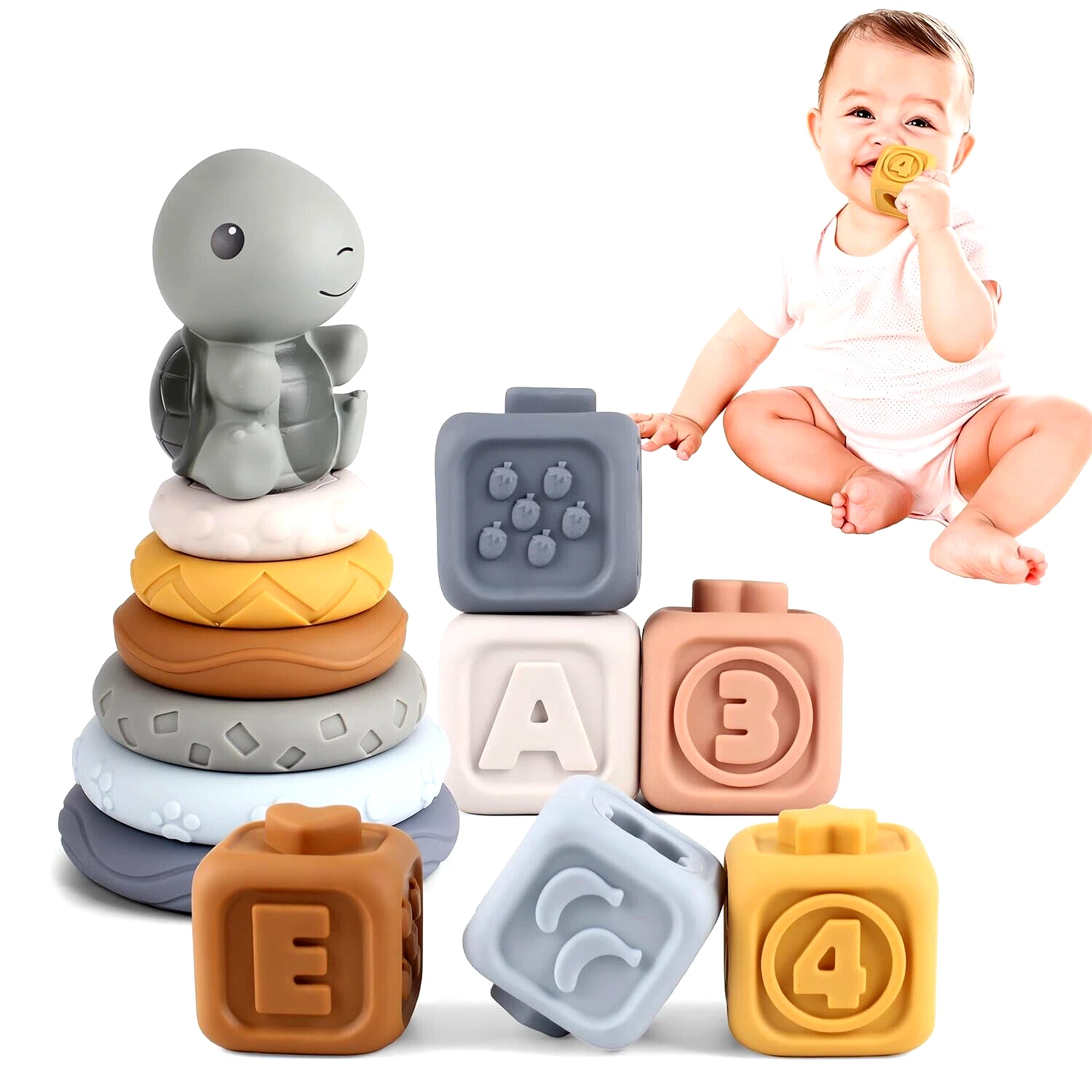 2 in 1 Stacks Circles & Blocks Stacker Toy Teething Soft Baby 6-12 mth Turtlle