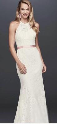 NWT Galina Ivory Illusion Lace Halter Wedding Dress With Keyhole Back