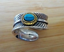 size 9 Sterling Silver 3x5mm Blue Turquoise on 9mm wide band 2 Tone Feather Ring