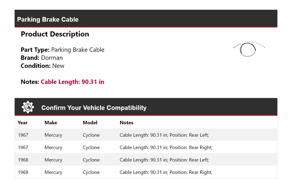 For 1967-1968 Mercury Cyclone Dorman Parking Brake Cable - Image 2 of 4