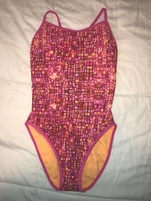 NWT. Reebok Swim Tie Back One Piece Swimsuit  864777 Pink / Yellow. Size: 8 / M