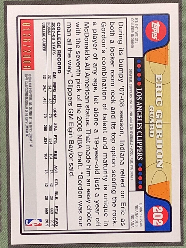 2008-09 Topps Gold Border #202 Eric Gordon /2008 Rookie  - Image 2 of 3