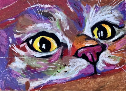 Original Oil Pastel Cat Portrait 8.3×11.7″ – Peeking Cat Artwork