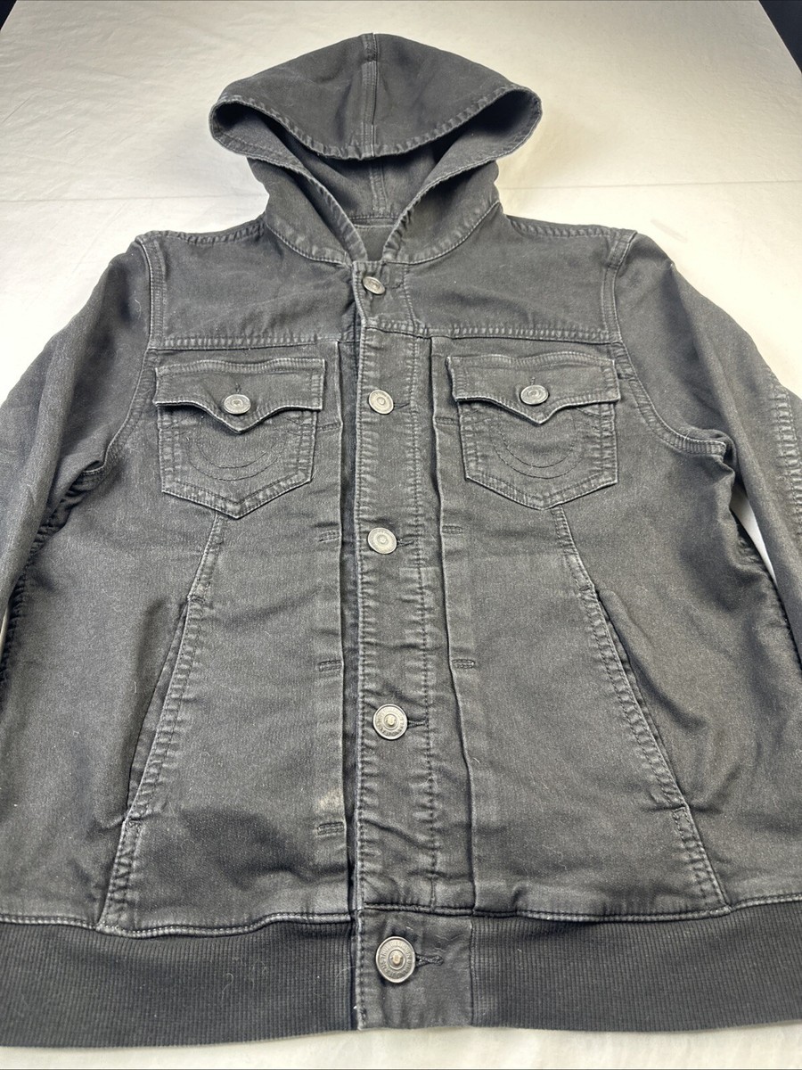 True Religion Dylan Hooded Denim Jacket Mens Small Black Trucker Y2K Goth  EUC