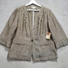 Coldwater Creek Glitz Tweed Jacket Women's 16 Brown Beaded Pockets 3/4 Sleeve