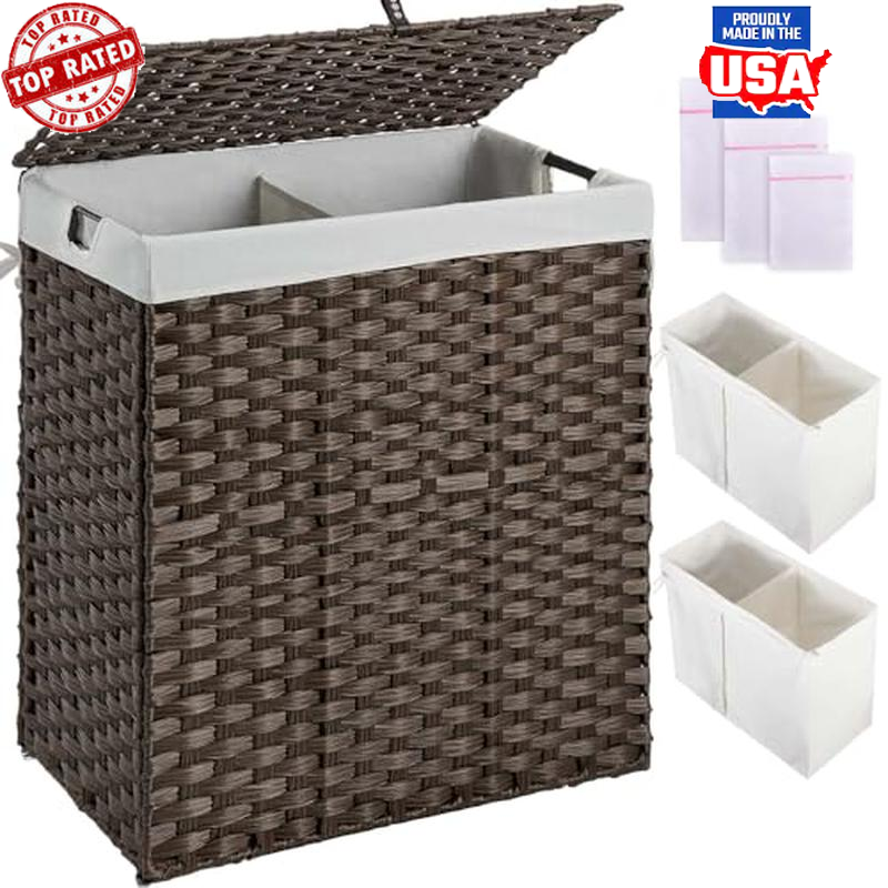 Handwoven 110L Wicker Laundry Hamper with Lid, Removable Liners, Foldable Design-image