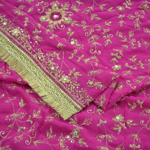 Vintage Heavy Pink Dupatta Pure Georgette Silk Long Stole Hand Embroidered Scarf - 第 4/16 張圖片
