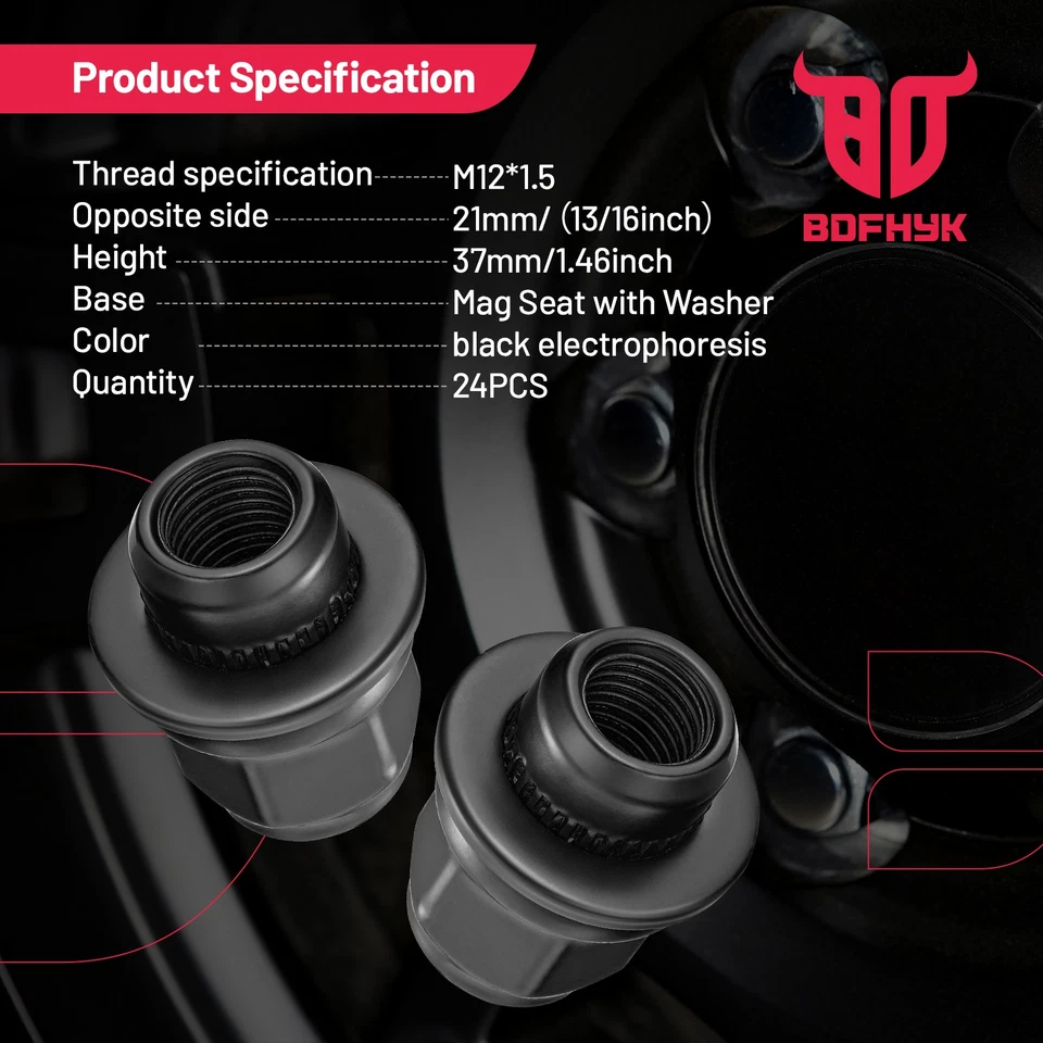 24Pcs M12x1.5 Black Lug Nuts 21mm Hex Mag Seat For Lexus IS250 IS300 Foto 3 de 4