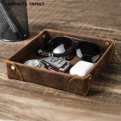 Leather Valet Tray Square Catchall Desk Organizer Crazy Horse Double Sided Box