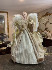 Christmas Angel Tree Topper Ivory Gold And Brown Elegant Gown 17” Stunning