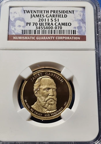A NGC 2011 S JAMES GARFIELD 20th Presidential $1 Dollar PF70 Ultra Cameo Proof