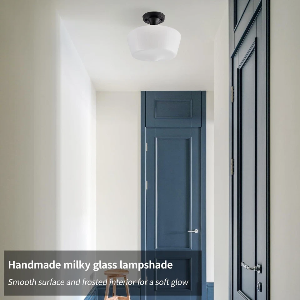 Black Schoolhouse Light Fixture 12" Milk Glass Flush Mount Modern Farmhouse - Image 3 of 4