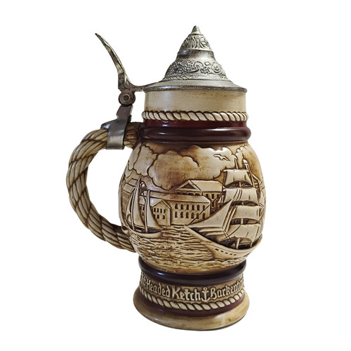 Vtg 1977 Handcrafted Avon Beer Stein | Working Lid | Tall Ships | Brown | 9"