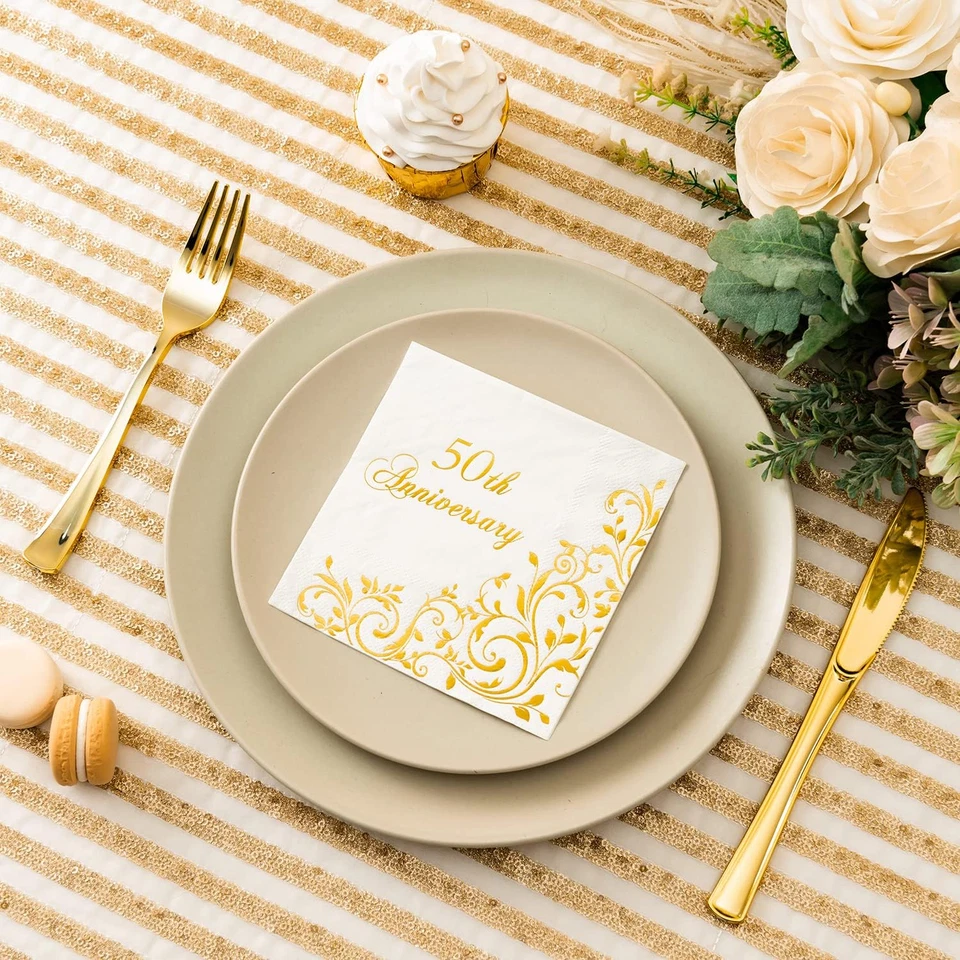 Gold Foil 50th Anniversary Cocktail Napkins for Golden Wedding Party Decorati... - Image 3 of 4