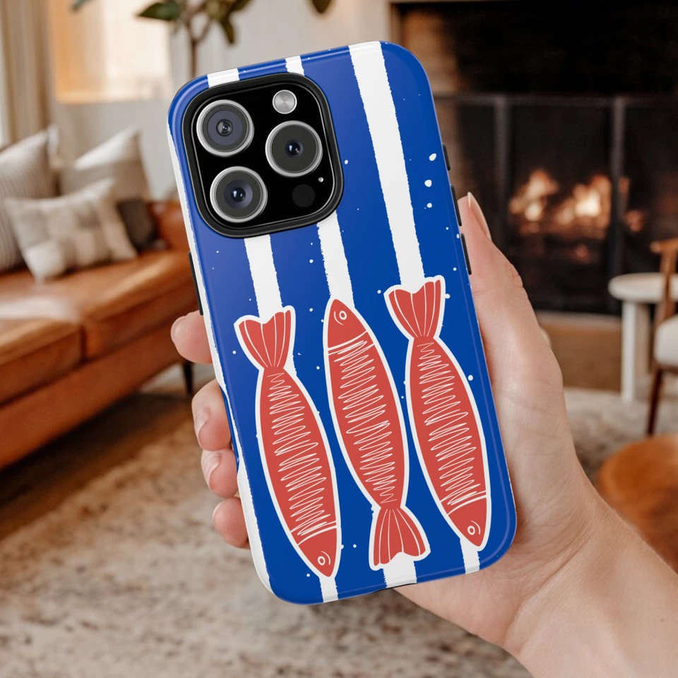 Funda Teléfono iPhone y Samsung Galaxy Tema Náutico Peces Rayas Azules Foto 3 de 4