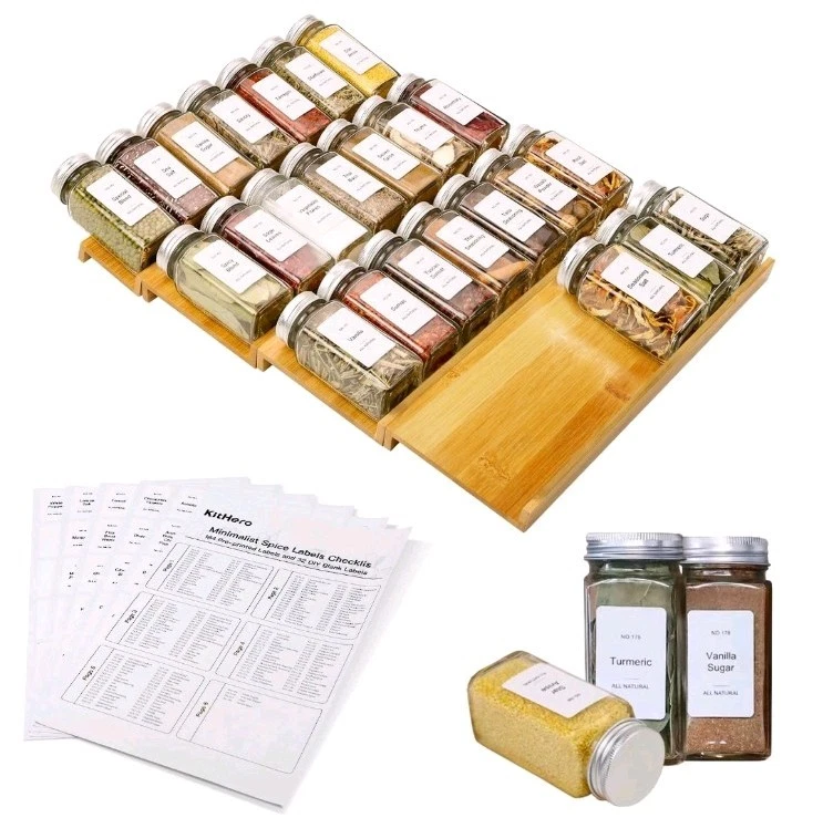 KitHero Spice Organizer with 35 Jars & 216 Labels Bamboo 4-Tier Rack