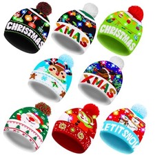 Christmas LED Light-up Knitted Beanie Hat Colorful Flashing Holiday Xmas 8 Pack