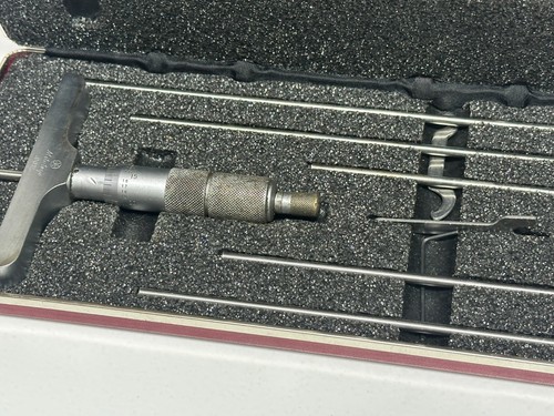 MITUTOYO (Japan) Depth Micrometer 0"-1" Rod x .001" Grad Ratchet w/ Case & Rods - Picture 9 of 11