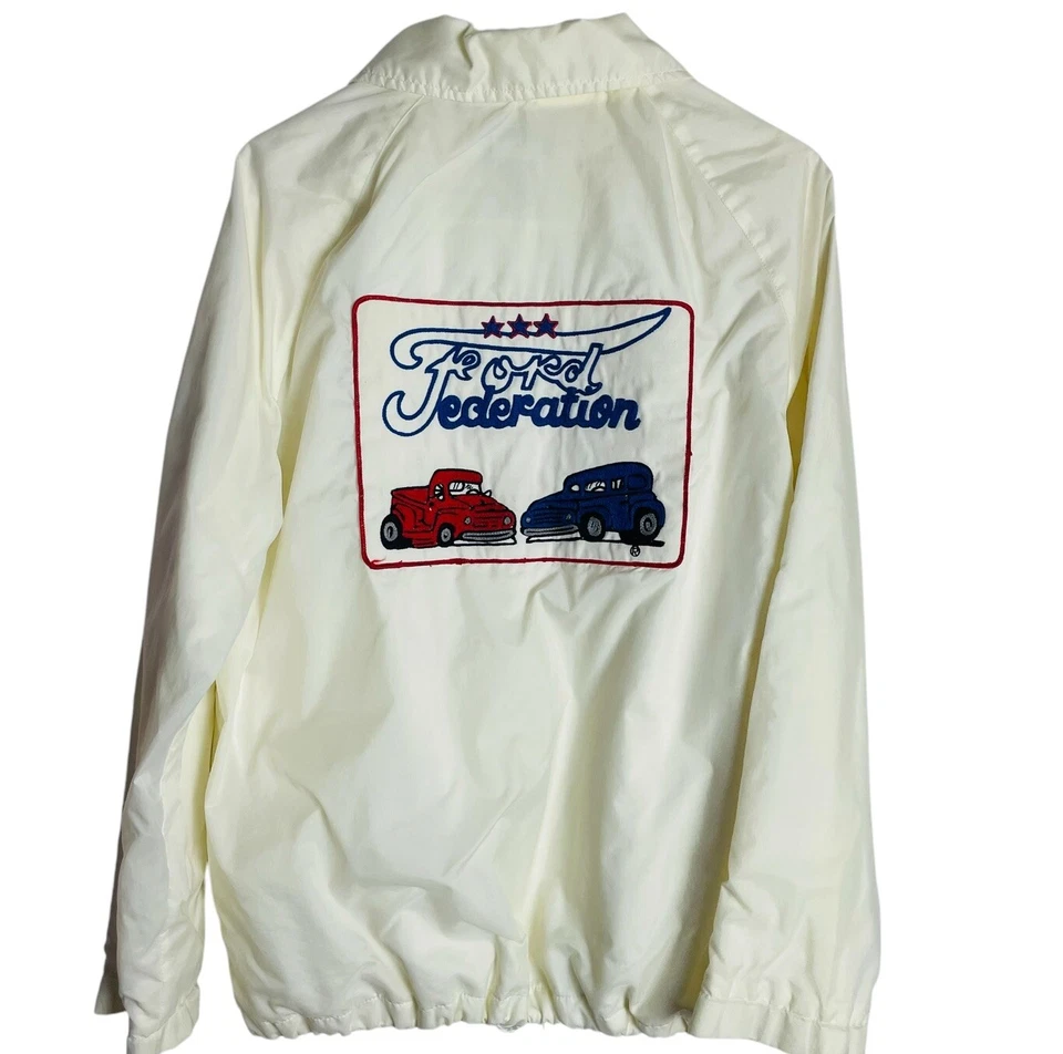 Chaqueta cortavientos vintage Ford Federation para hombre L blanca forrada de nailon frontal a presión Foto 3 de 4