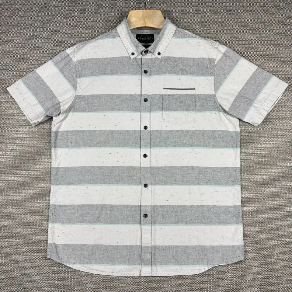 Rip Curl Men's Shirt L Short Sleeve White Gray Blue Striped Standard Fit Pocket - Image 2 of 4