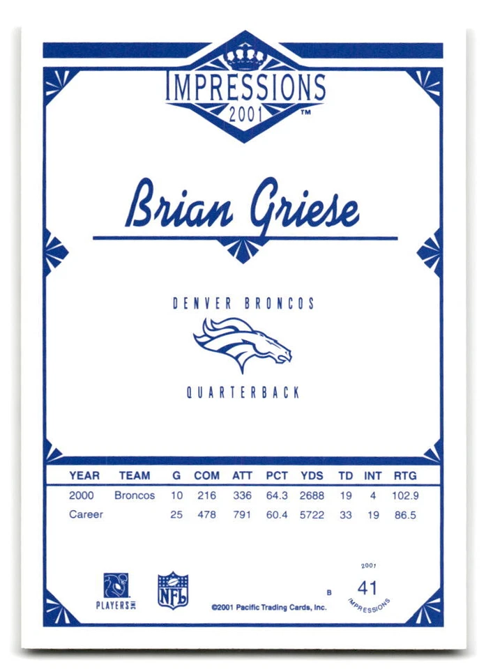 Brian Griese 2001 Pacific Canvas Impressions #41 Denver Broncos FOOTBALL - Image 2 of 2