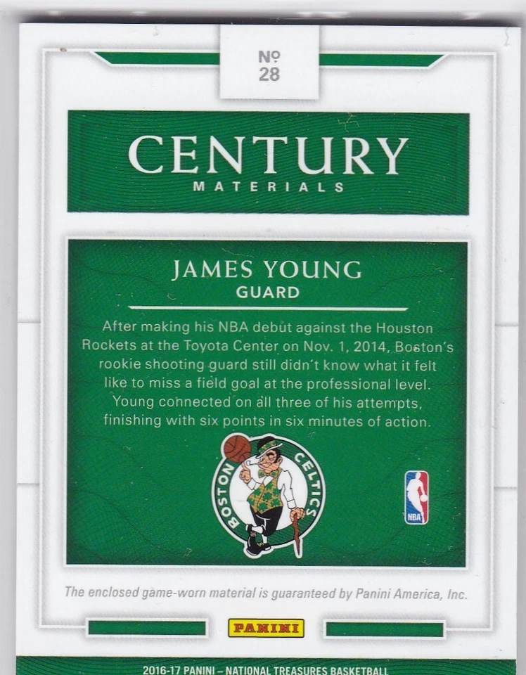 James Young 2016-17 Panini National Treasures Jersey 13/99 Jersey Number 1/1 - Image 2 of 2