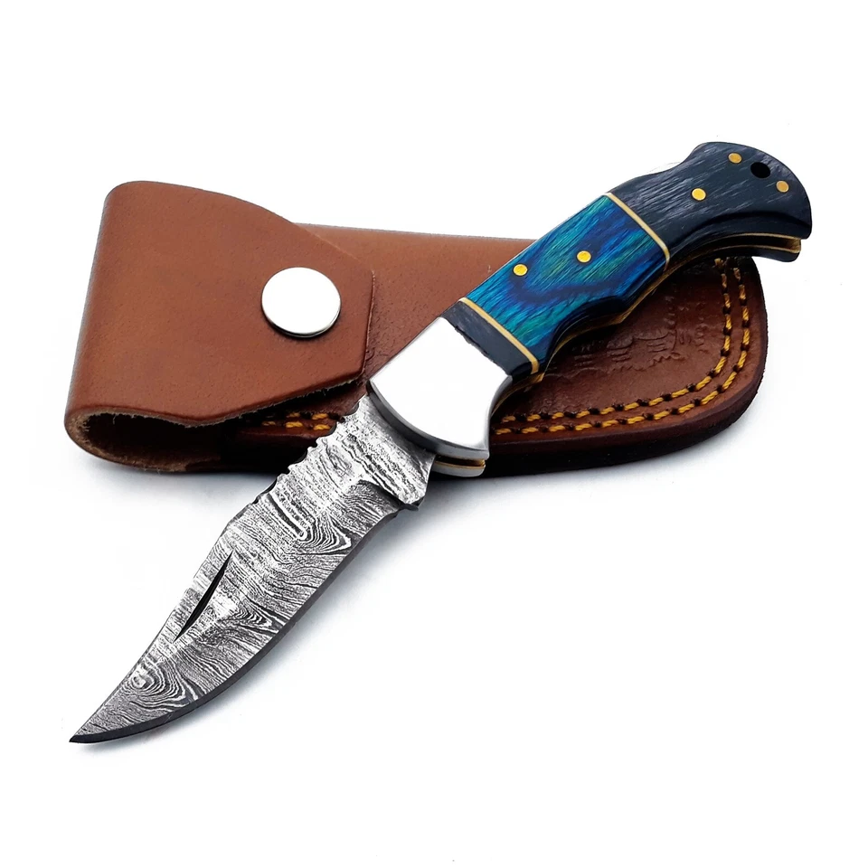 Cuchillo de bolsillo plegable con bloqueo trasero hecho a mano Damasco camping caza cuchillo bolsa Foto 4 de 4
