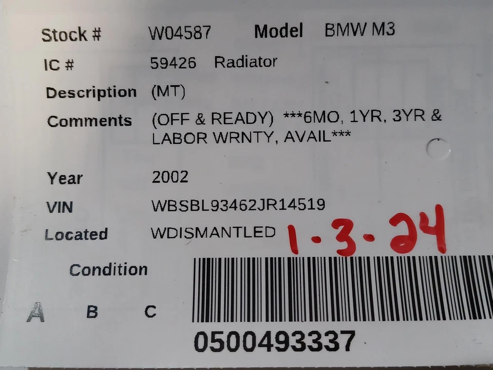Used Radiator fits: 2002 Bmw Bmw m3 MT Grade A - Image 3 of 4