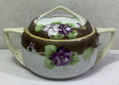 Nippon Sugar Bowl Purple Violet White Blossoms Gold Trim Hand Painted