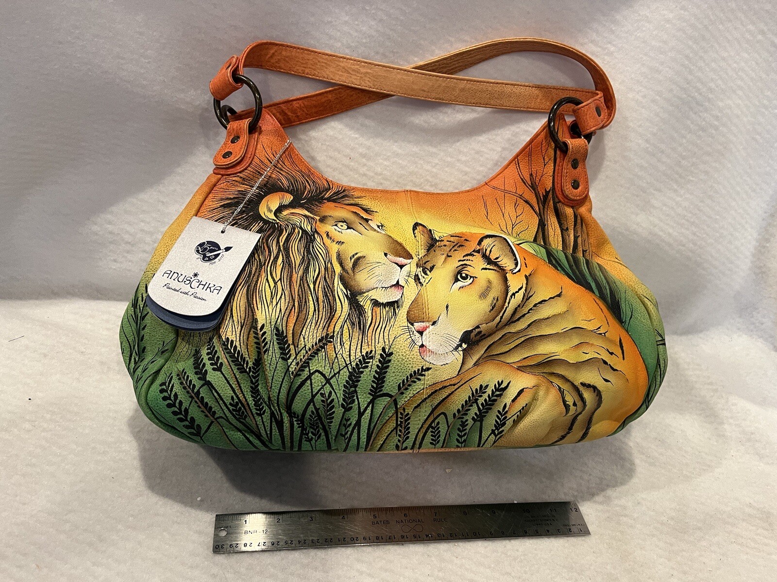 Anuschka Handpainted Leather Shoulder Bag PURSE TOTE HANDBAG Lions Lion