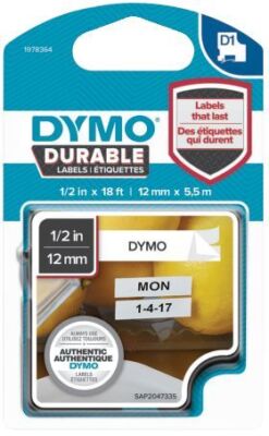 Dymo  1978364 Schriftband D1 - Vinylband, 12 mm x 5,5 m, schwarz auf weiß