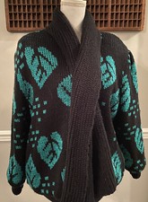 VINTAGE 80'S LONG KNIT ZIP SWEATER JACKET LEAF PATTERN W SCARF COMBO G-4000