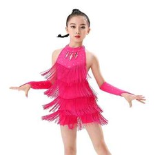 Girls Latin Dance Dress Solid Sleeveless Tango Skirt Wear Child Stage Costume