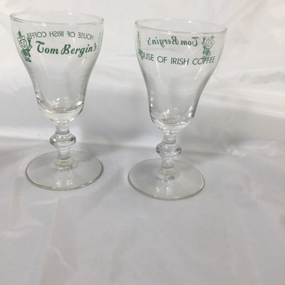 2 Tom Bergin s House Of Irish Coffee Glasses 5.5  Leprechaun Green VTG Stem LA