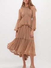 NWT New ZIMMERMANN Hypnotic Peplum Flutter Tiered Midi Dress in Biscuit Size 0