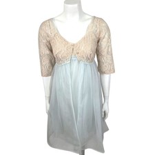 Vintage 60s Lisette Al Sterling Peignoir Nightgown Robe Set 34 Blue Beige Lace