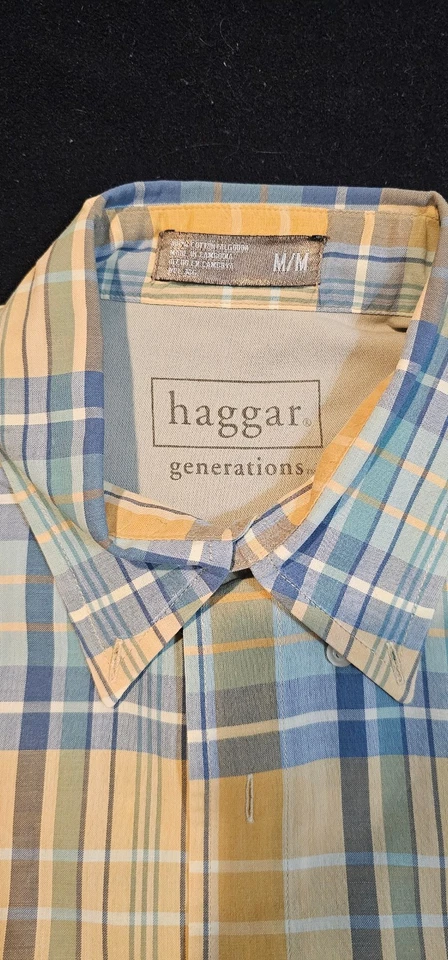 Men's Haggar Generations Button Down Size M | Plaid Short Sleeve Yellow Blue - Image 4 of 4