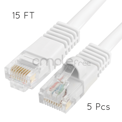 5-Pack 15ft CAT5e Ethernet Cable White RJ45 LAN Network Patch Cord-image