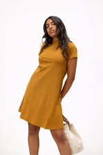 Everlane The Weekend Swing Dress Mustard Yellow Mock Neck Short Sleeve Size M