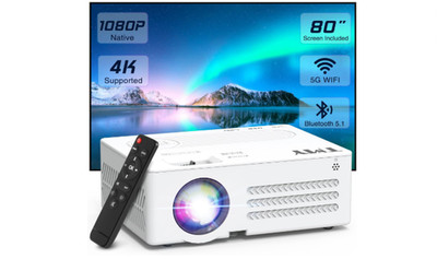 TMY V88 Mini Projector w/ 80  Screen   Native 1080P, 4K Support, Bluetooth 5.1