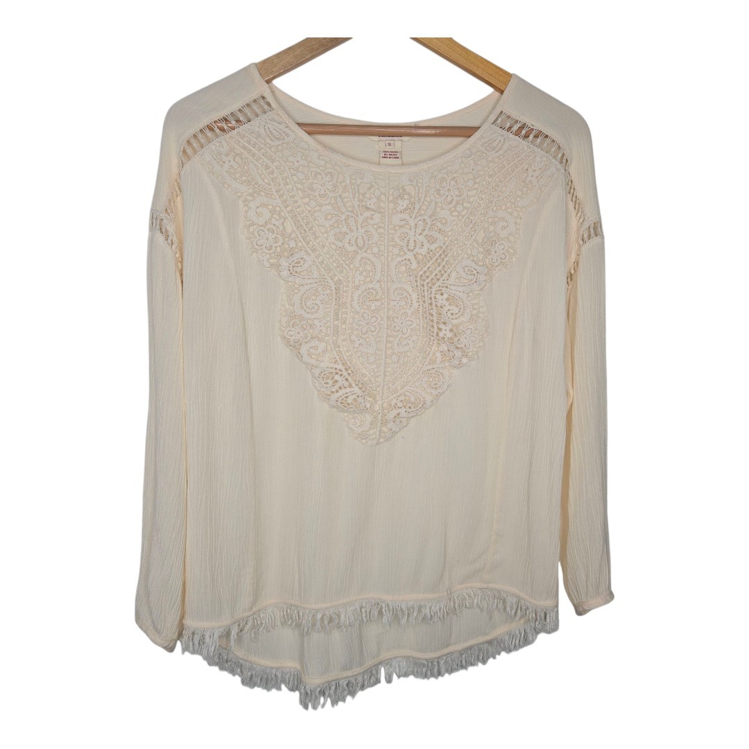 Sundance Womens Boho Cream Crochet Lace Fringe Hem Blouse Size Small