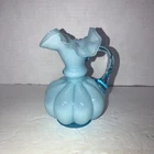 Fenton Blue Cased Glass Melon Pitcher Vase Crimped Ruffle Edge & Handle Vintage