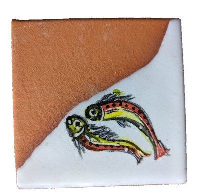 Hand Painted Red Clay Tile Handmade Colorful Fish New
